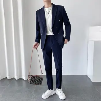 2022 Férfi dupla mellű kétrészes öltönykabát szett Slim Fashion Új üzleti alkalmi kabát Korea stílusú blézer nadrág H219