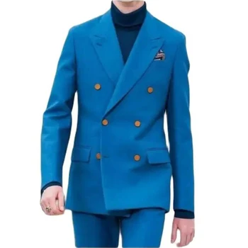 2023 Blézer öltönyök férfiaknak Dupla mellű kék esküvői vőlegény szmokingok csúcsos hajtókás karcsú szabású 2 részes öltöny dzseki + nadrág party viselet