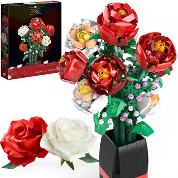 871PCS Virágcsokor építőelem Vörös rózsa fehér rózsa váza kockák játékkészlet Valentin-napi karácsonyi ajándékok Kreatív dekoráció