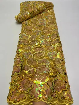 Arany nigériai magas minőségű hálós csipke szövet Afrikai fényes nagy flitterek 5 yardos tüll hímzés csipke szövet nőknek Party ruha