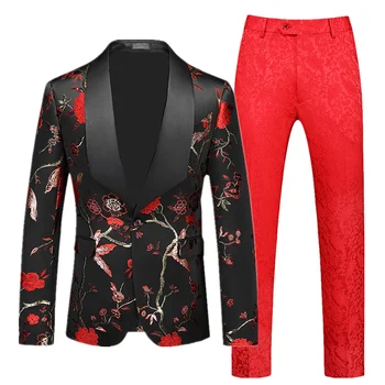 (Blazer + nadrág) Divat férfi esküvői öltönyök 2db készlet Fekete Piros Kék Férfi Üzleti Társaság Tuxedo ruha Slim Fit ruhák