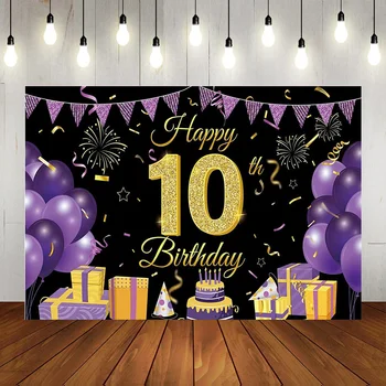 Boldog 10. születésnapi party háttér Fiú lány lila ezüst lufi torta fénykép Háttér év évfordulós plakát dekoráció