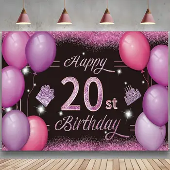 Boldog 20. születésnapot Háttér Banner rózsaszín lila kellékek évfordulós fotózáshoz Háttér születésnapi zsúr dekorációk