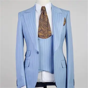 Csíkmintás öltönyök férfiaknak Luxus formális esküvői blézer Single Breasetd csúcsos hajtóka dupla zsebes vékony szabású ropa hombre