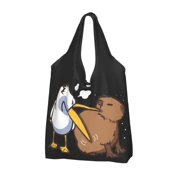 Custom Pelicans megpróbálja megenni Capybara bevásárlótáska hordozható nagy kapacitású élelmiszerek vicces aranyos Kawaii Meme Tote vásárlói táskák