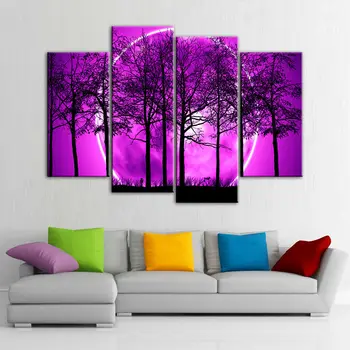 Dead Trees Purple Night Sky 4 panel Wall Art Painting Picture Print On Canvas Pictures for Home Dekoráció