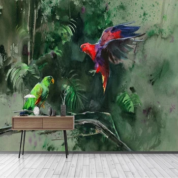 Egyéni 3D falfestmény Kézzel festett tájkép Esőerdő növények Papagájok tapéta a nappalihoz Lakberendezés Freskó 3D fali papír