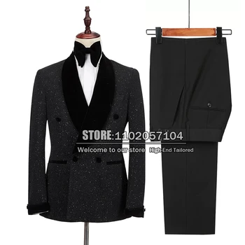 Fekete esküvői szmoking, férfiaknak Slim Fit bársony csúcsos hajtókás kabát és nadrág 2 részes formális normál dupla mellű blézerek vőlegények