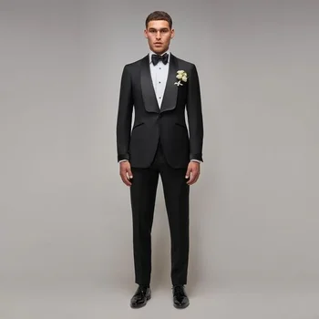 Fekete tömör öltönyök férfiaknak 2 részes divat kendő hajtóka Egygombos ruhák Hivatalos báli parti bankett Tuxedo blézer nadrággal