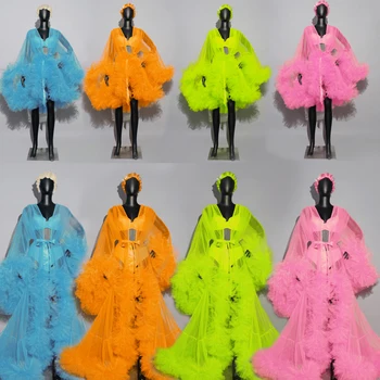 Gogo Dance jelmezek Szexi rúdtánc ruha Női perspektíva háló szőrme hosszú kabát Bikini Nightclub Dj Ds Party Rave ruhák XS6047