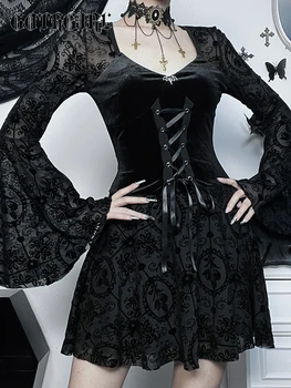 GothGirl Y2K Gothic Flare ujjú fűző kötés Mini ruha Nők Vintage bársony háló mintás patchwork fekete ruhák utcai ruházat