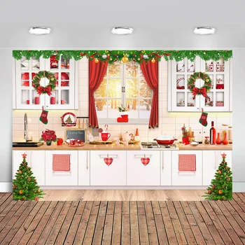 Karácsonyi konyha háttere Karácsonyi főzés beltéri banner háttér fotózáshoz, téli erdő hó karácsonyfa ajándék háttér