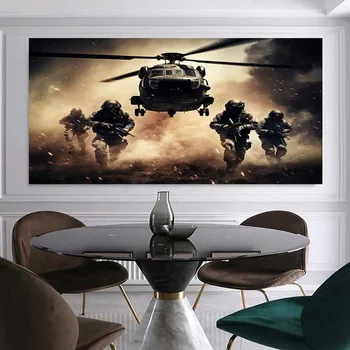 Katonai helikopter poszter, garnélarák hús vászon festés, csatajelenet, különleges erők falfestmény kép, nappali, lakberendezés