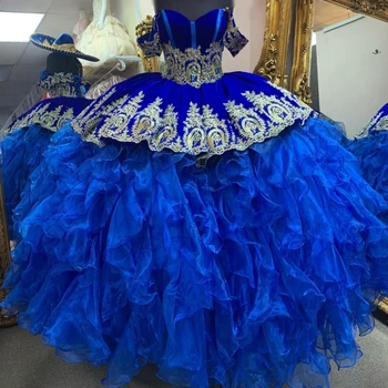 Kék mexikói quinceanera ruhák arany rátétes tull réteges báli ruha születésnapi ruha fűzős kedvesem édes 16 ruha
