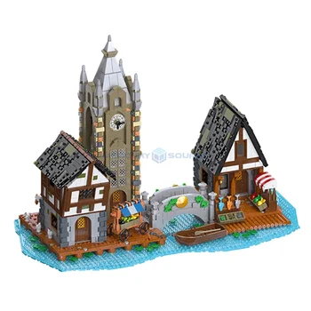 Középkori mezővárosi táj MOC 89150 ötletek Buliding téglák Moduláris középkori építészeti modellblokkok Játék ajándék gyerekeknek