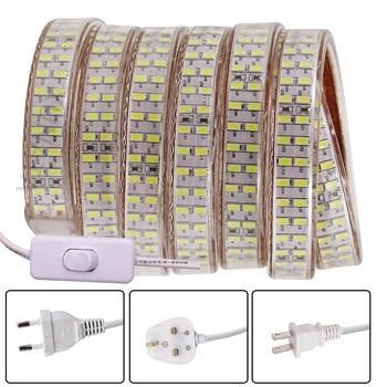 LED szalag 5730 220V 110V EU / USA / UK Vízálló meleg fehér / fehér szuper fényes 240Leds/m kétsoros rugalmas szalag LED lámpák