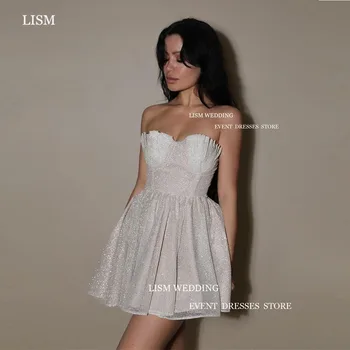 LISM Rövid csillogó tüll estélyi parti ruhák Kedvesem A-vonalú mini ujjatlan báli ruhák menyasszonyi formális ruha
