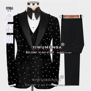 Luxus esküvői öltöny férfiaknak Vőlegény viselet Tuxedo kézzel készített gyöngyök bársony kabát férfi bankett parti ruha Személyre szabott 3 részes készlet