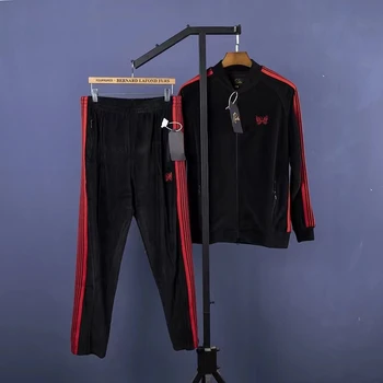 Piros csíkos tűk Dzsekik Kiváló minőségű pillangó hímzés kabát Sportruházat Hip Hop Férfi női laza alkalmi cipzáras pulóverek