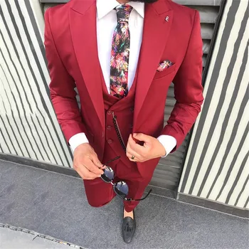 Red férfi öltönyök Blazer egymellű csúcshajtóka Hivatalos üzleti ruha Chic 3 részes kabát nadrág mellény Skinny Blazer testreszabott