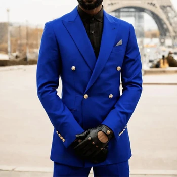Royal Blue férfi öltönyök Slim Fit 2 darab Vőlegény szmoking esküvőre dupla mellű bőlegény formális vőlegény viselet (dzseki + nadrág) 2023