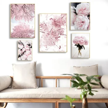 Rózsaszín cseresznyevirágok Bazsarózsa poszter Északi belső festés Virágnyomtatás Falfestmény Vászonfestés otthoni nappali dekorációhoz