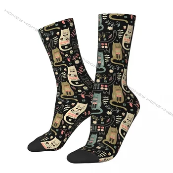 Vicces őrült zokni férfiaknak macska népi hiphop vintage macska nyávogás varrat nélküli minta nyomtatott fiú legénység zokni alkalmi ajándék