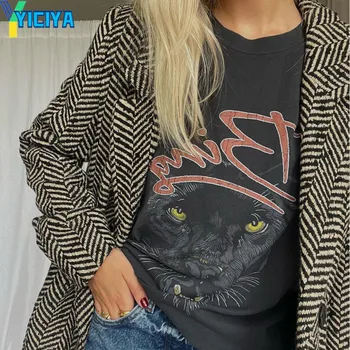 YICIYA Leopard grafikus pólók nőknek 2024 nyári ruha levél nyomtatott vintage póló női divat pólók felsők ingek