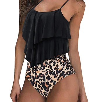 Új nők szexi fodros magas derekú fürdőruhák 2 darab nyomtatás plusz méret Tankini fürdőruha nyári fürdőruha Mujer Bikini