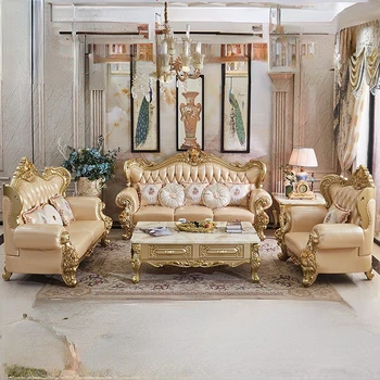 Prémium európai valódi bőr kanapé 123 Kombináció Tömörfa faragott fejréteg Marhabőr arany Teljes ház Nappali bútor